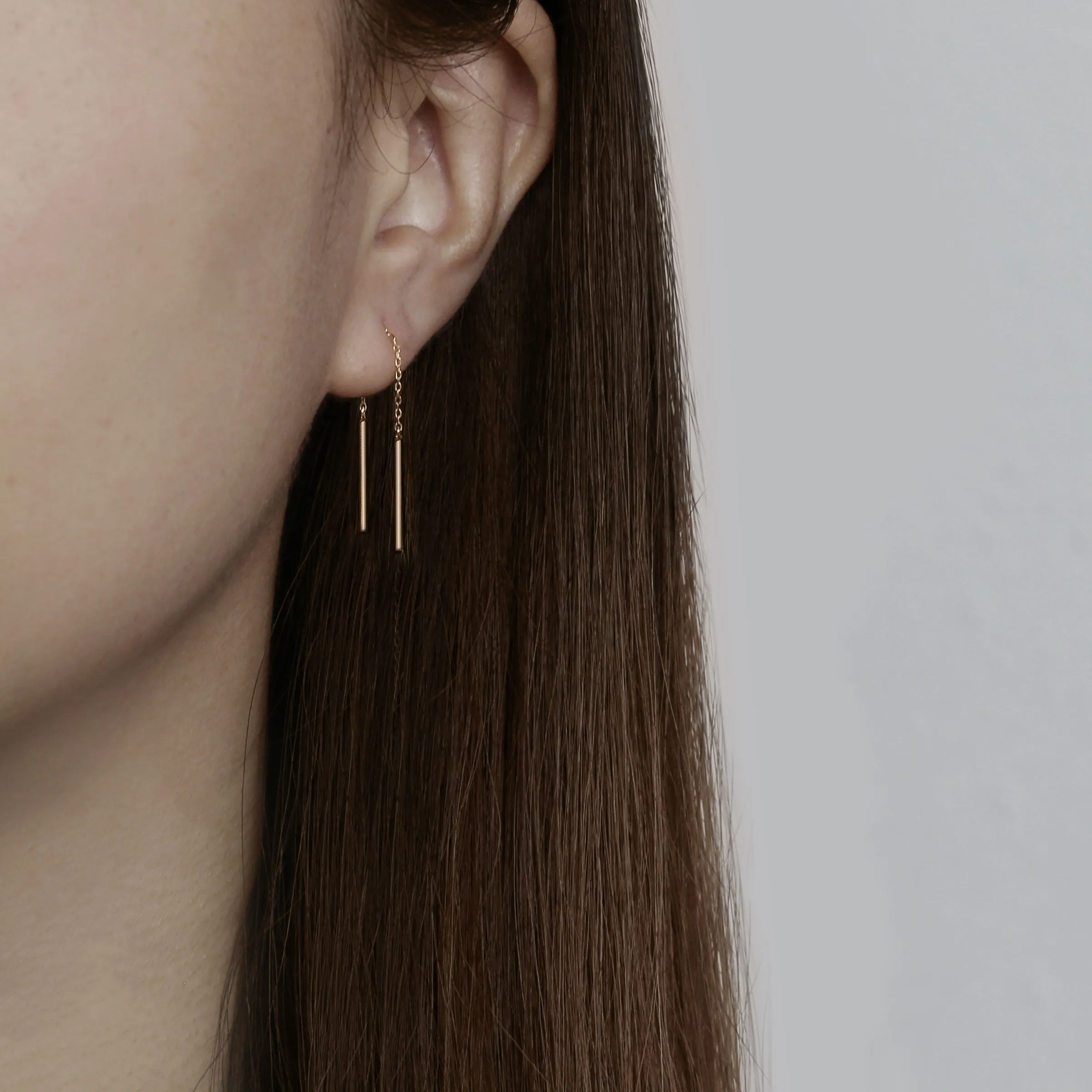 14k Solid Gold Sturdy Chain Double Bar Threader Earring