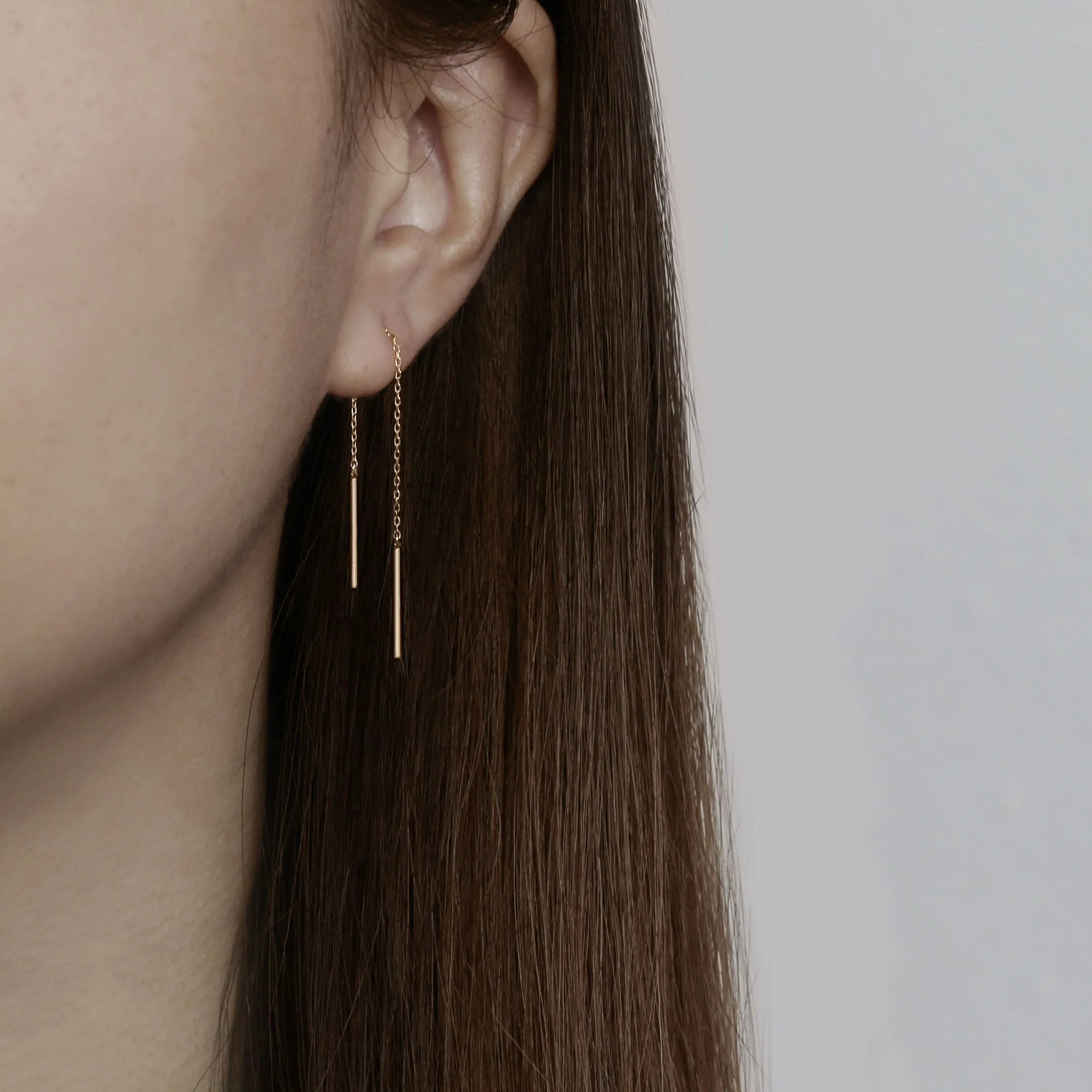 14k Solid Gold Sturdy Chain Double Bar Threader Earring