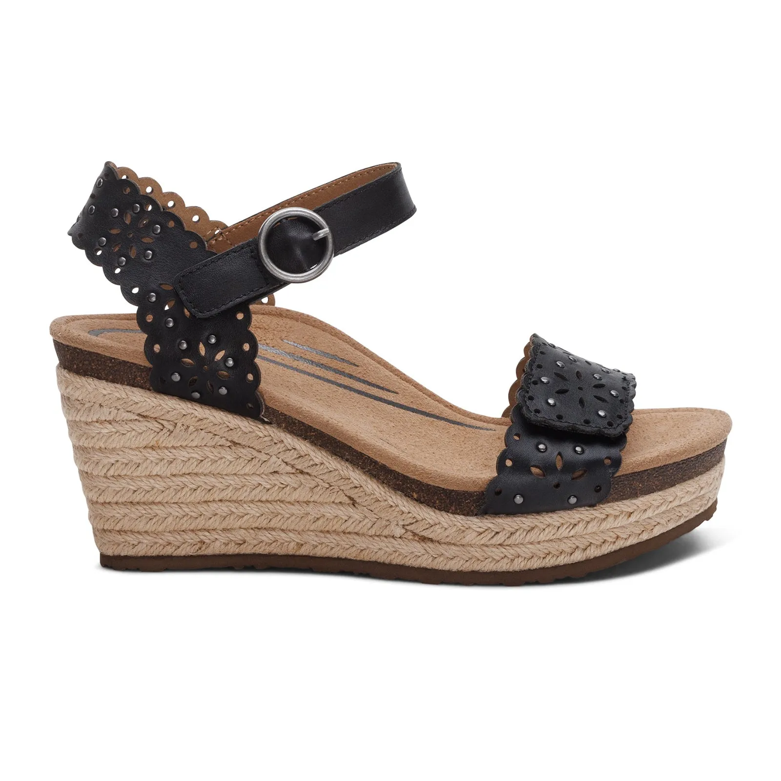 Aetrex Sydney Wedge Sandal (Women) - Black Cutout