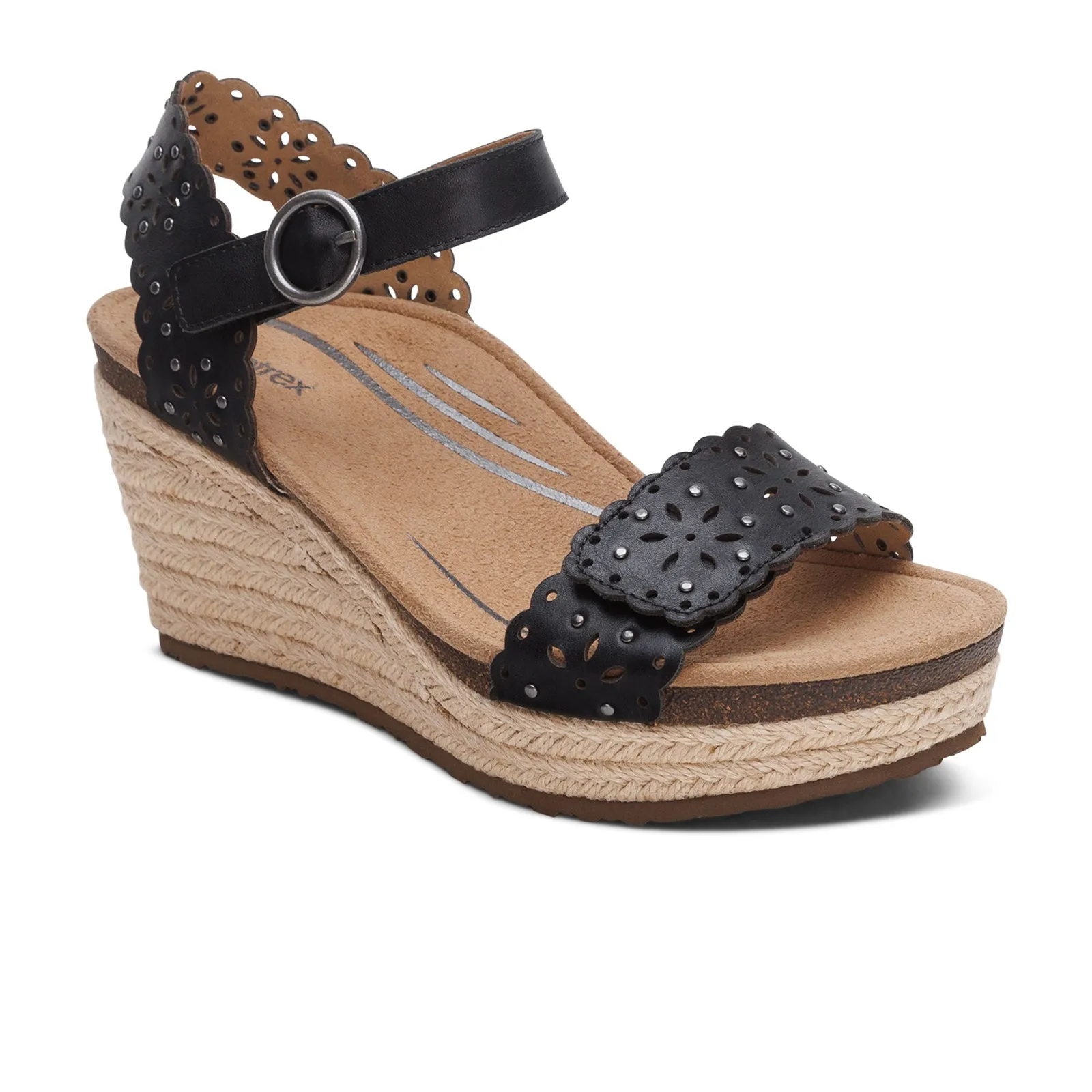Aetrex Sydney Wedge Sandal (Women) - Black Cutout