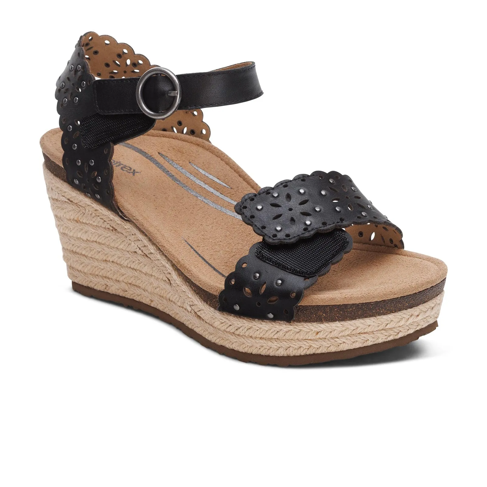 Aetrex Sydney Wedge Sandal (Women) - Black Cutout