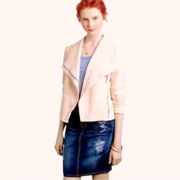 Anthropologie Quilted Moto Jacket Large Ivory SOFT Breathable Zip Front Drapey