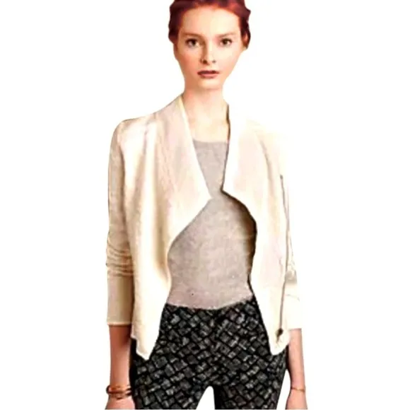 Anthropologie Quilted Moto Jacket Large Ivory SOFT Breathable Zip Front Drapey