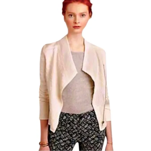 Anthropologie Quilted Moto Jacket Large Ivory SOFT Breathable Zip Front Drapey