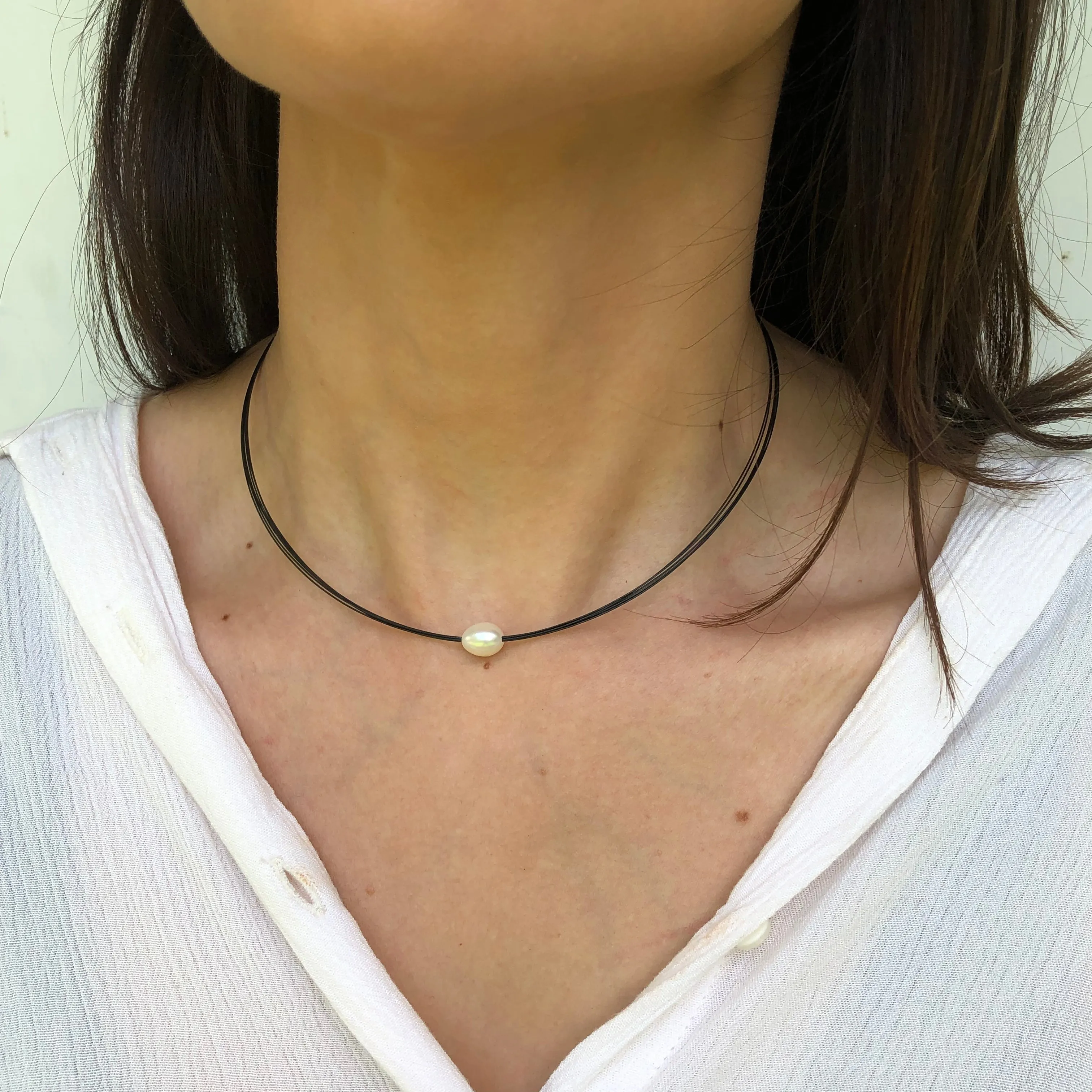 Blackened Stainless Steel Freshwater Pearl Necklace