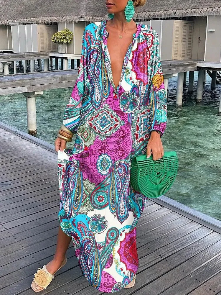Bohemian maxi dress with long sleeves