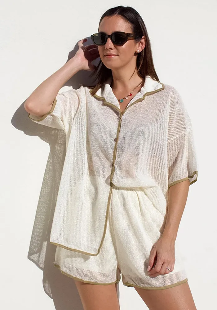 Breezy Contrast Trim Mesh Shirt and Shorts Two-Piece Set
