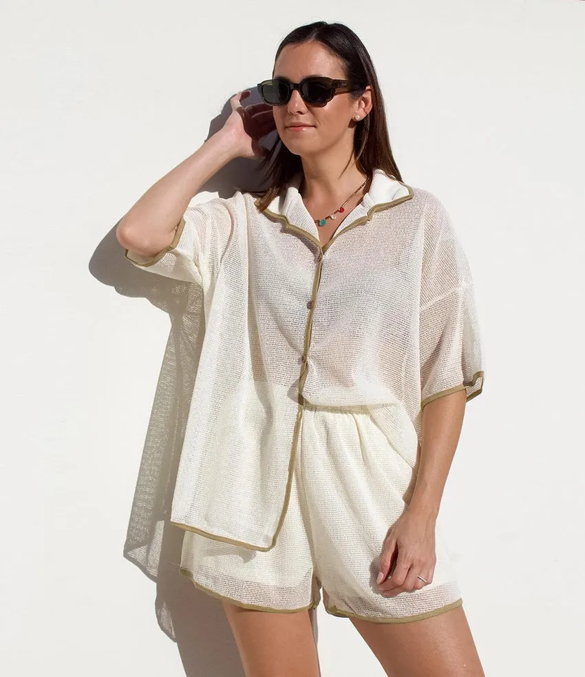 Breezy Contrast Trim Mesh Shirt and Shorts Two-Piece Set