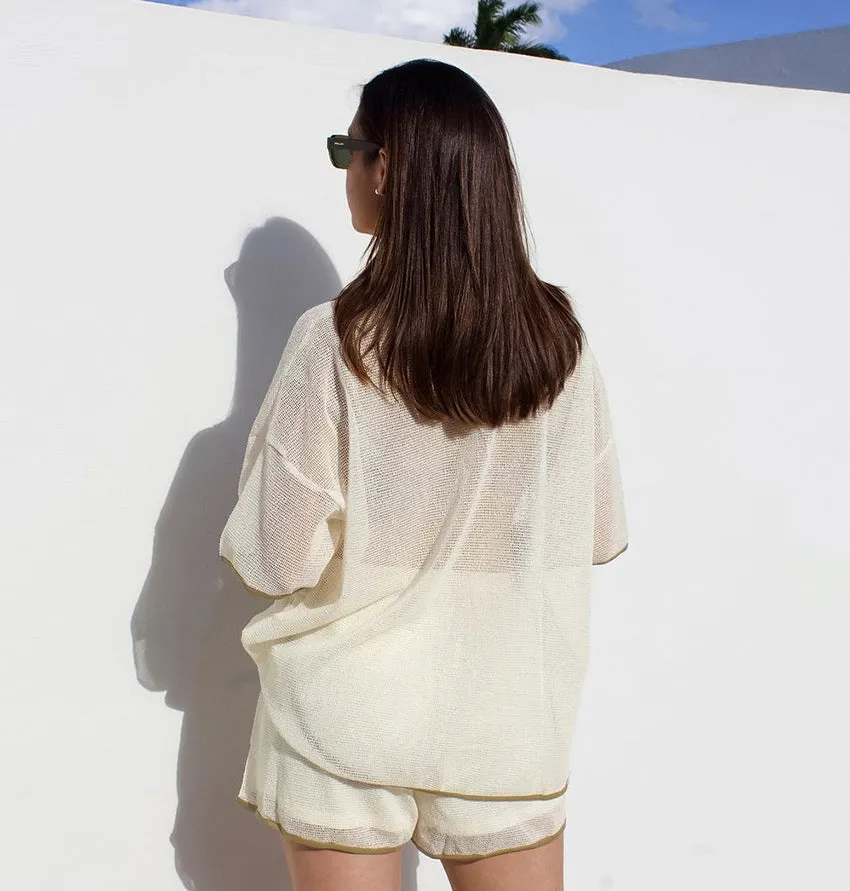 Breezy Contrast Trim Mesh Shirt and Shorts Two-Piece Set