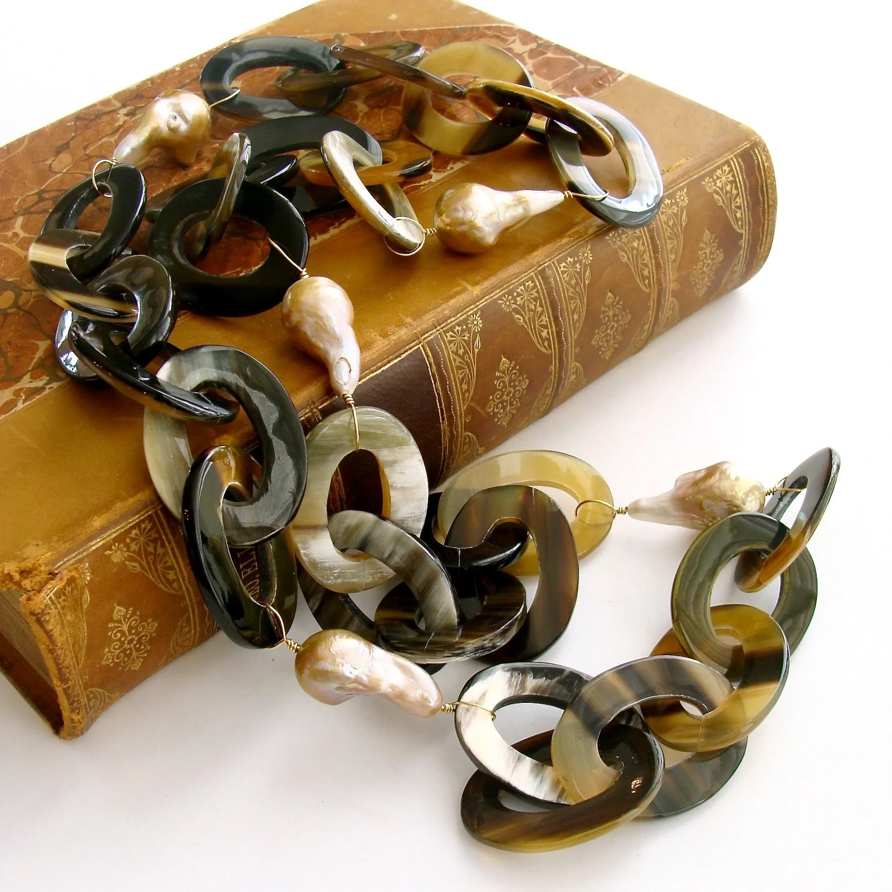 Buffalo Horn Flameball Pearls Link Chain Necklace - Keren Necklace