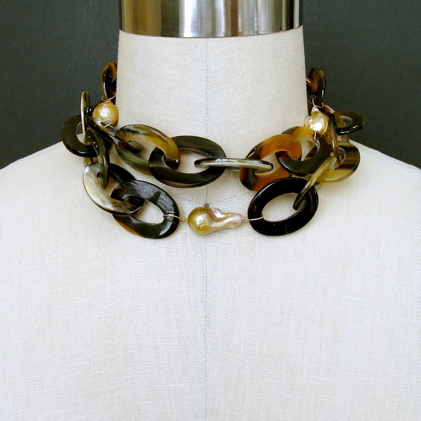 Buffalo Horn Flameball Pearls Link Chain Necklace - Keren Necklace