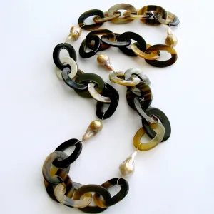 Buffalo Horn Flameball Pearls Link Chain Necklace - Keren Necklace