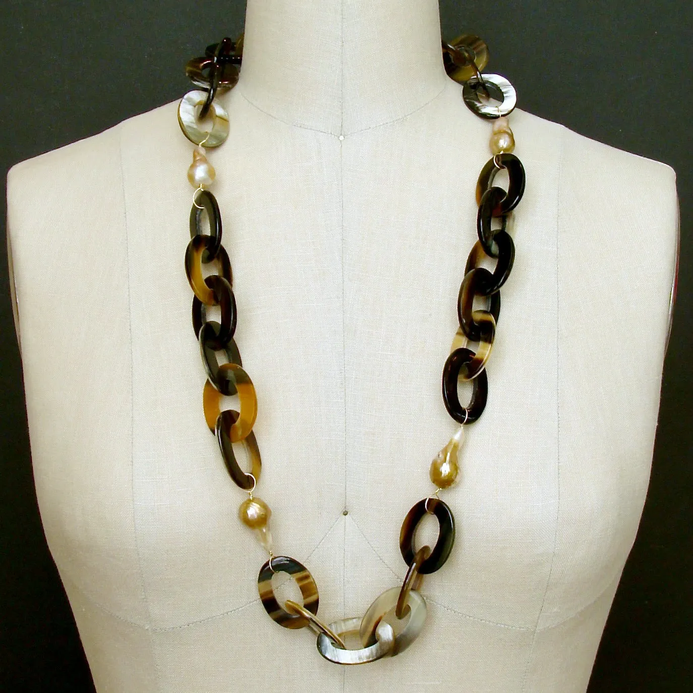Buffalo Horn Flameball Pearls Link Chain Necklace - Keren Necklace