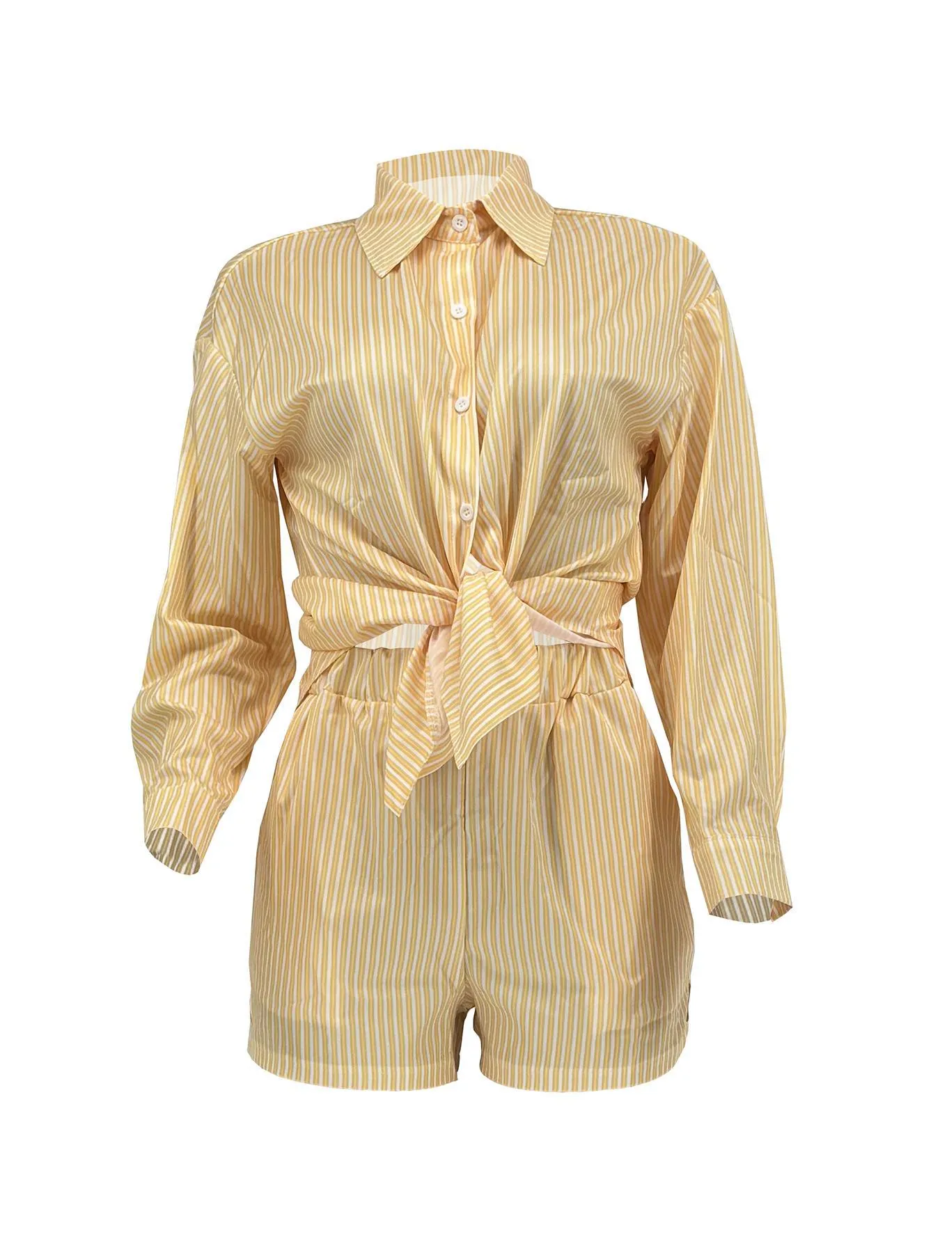 Chic Striped Button-Up Shirt and Elastic Waist Shorts Two-Piece Set