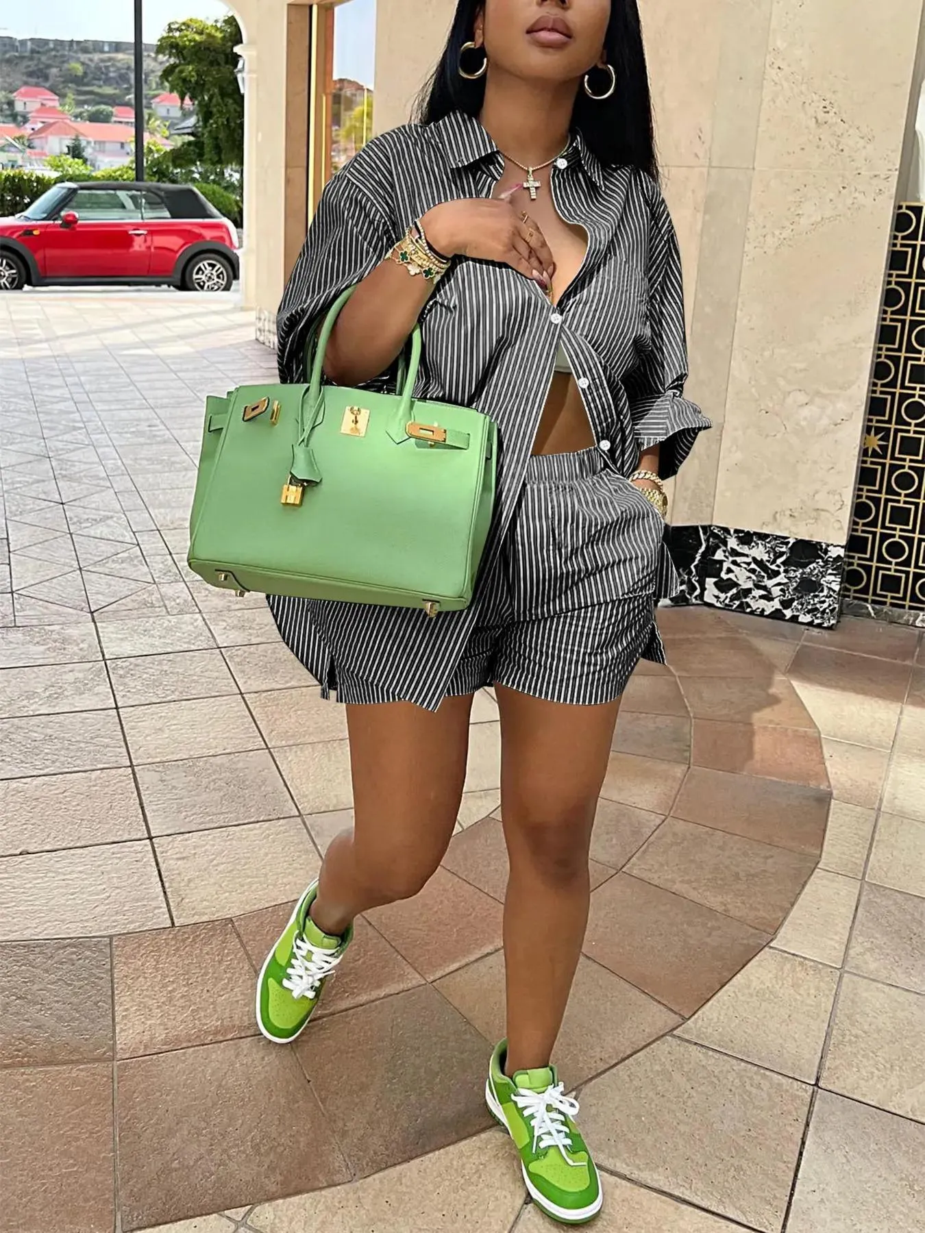 Chic Striped Button-Up Shirt and Elastic Waist Shorts Two-Piece Set
