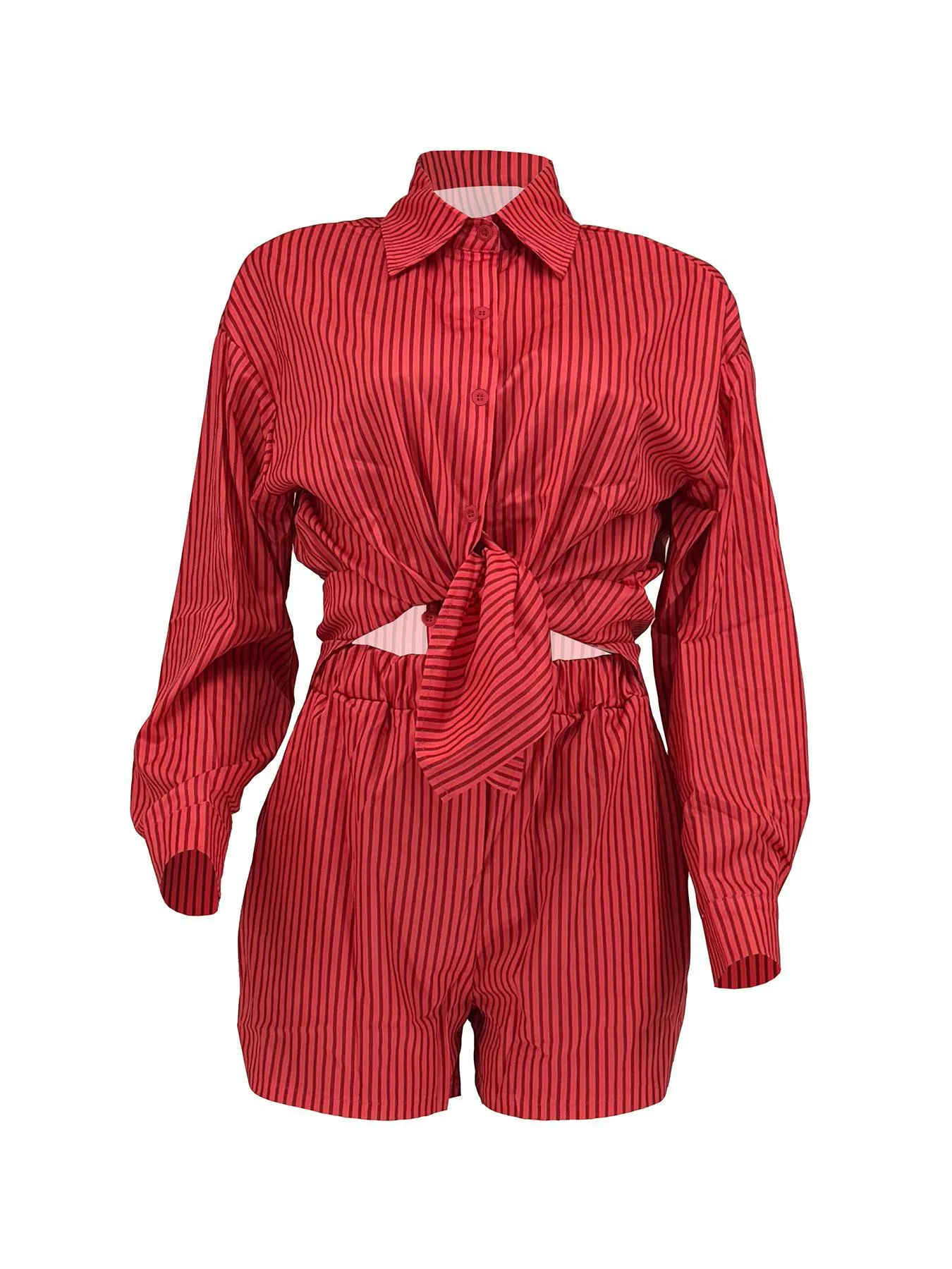 Chic Striped Button-Up Shirt and Elastic Waist Shorts Two-Piece Set