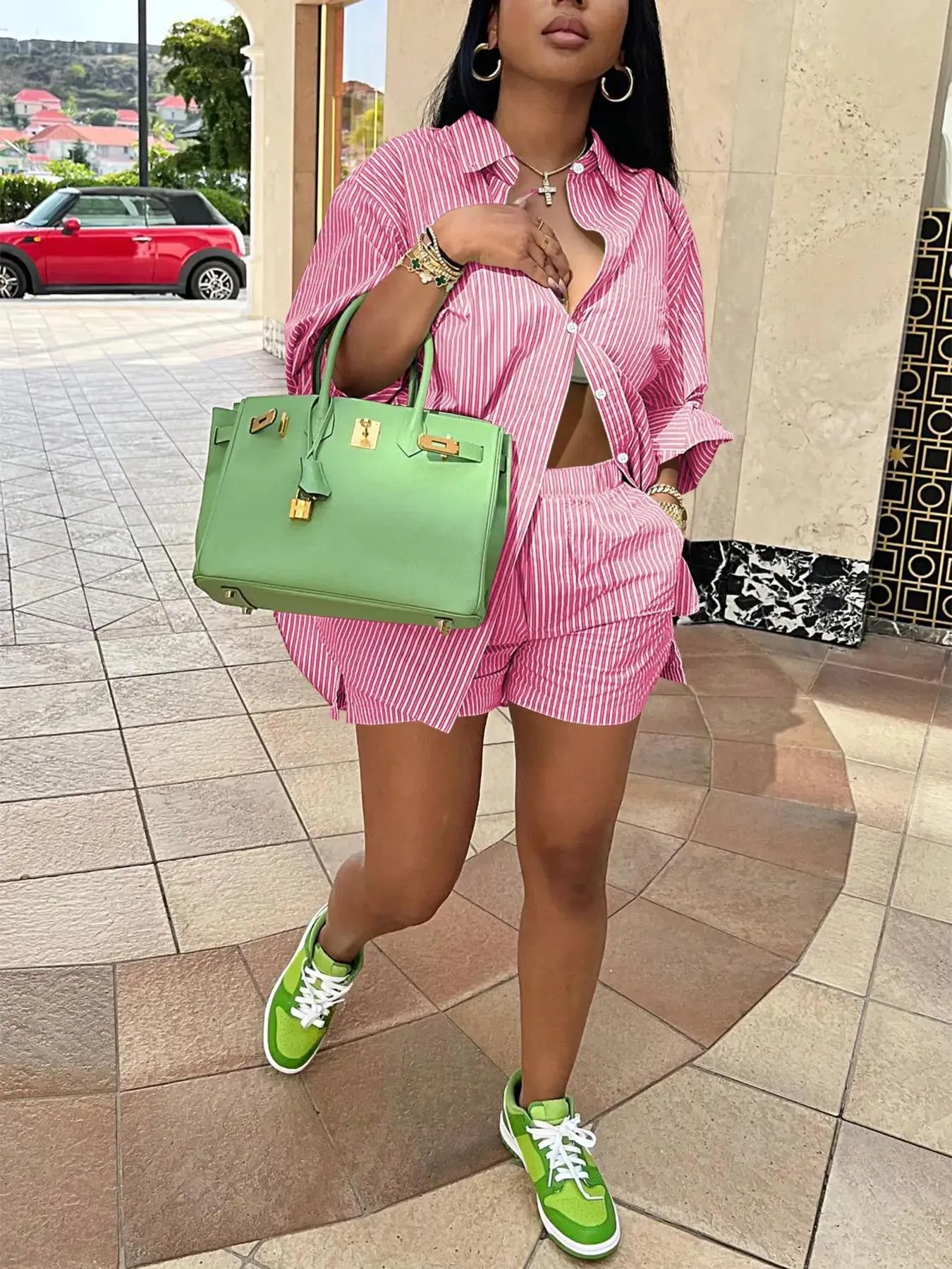 Chic Striped Button-Up Shirt and Elastic Waist Shorts Two-Piece Set