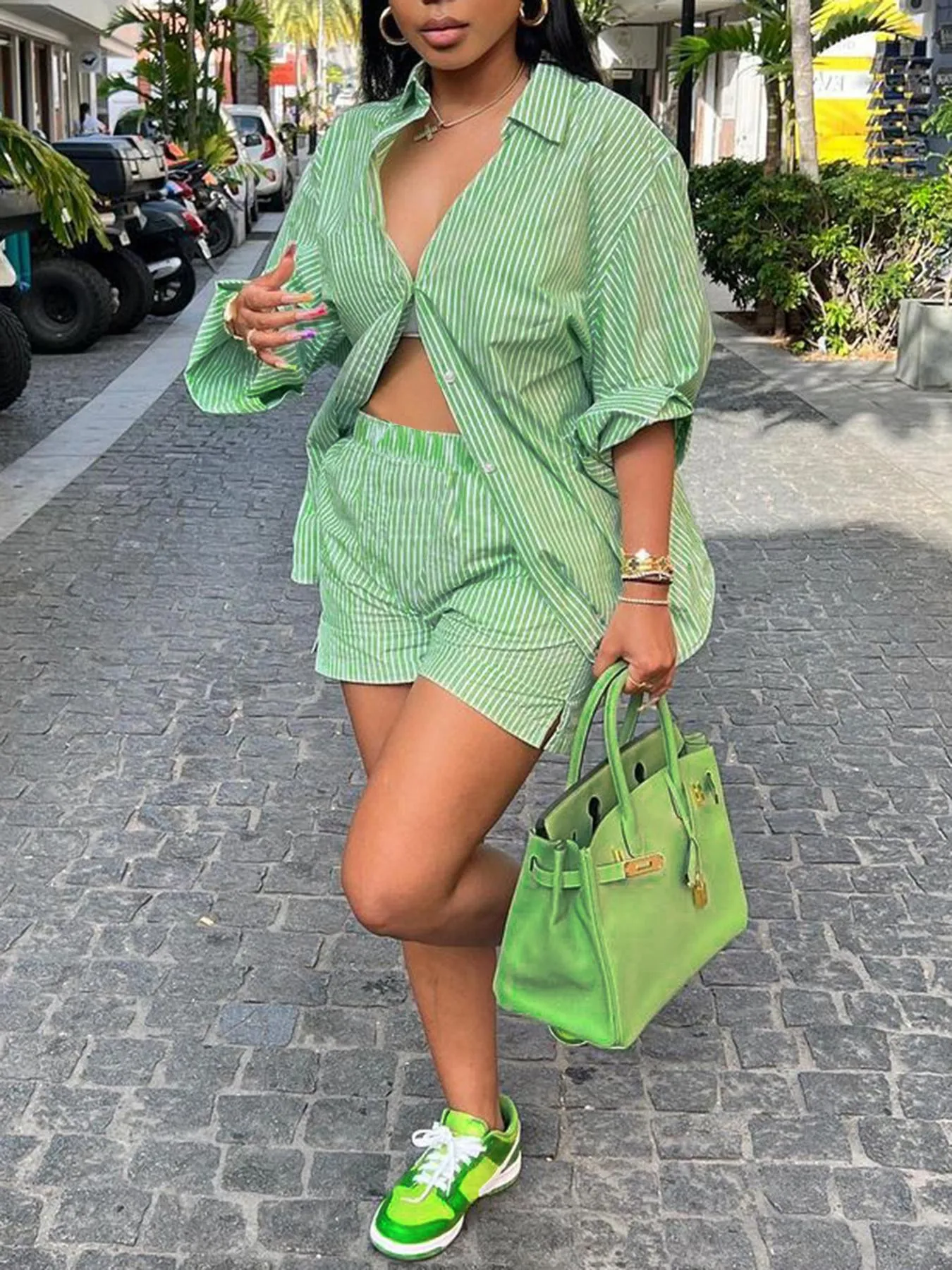 Chic Striped Button-Up Shirt and Elastic Waist Shorts Two-Piece Set