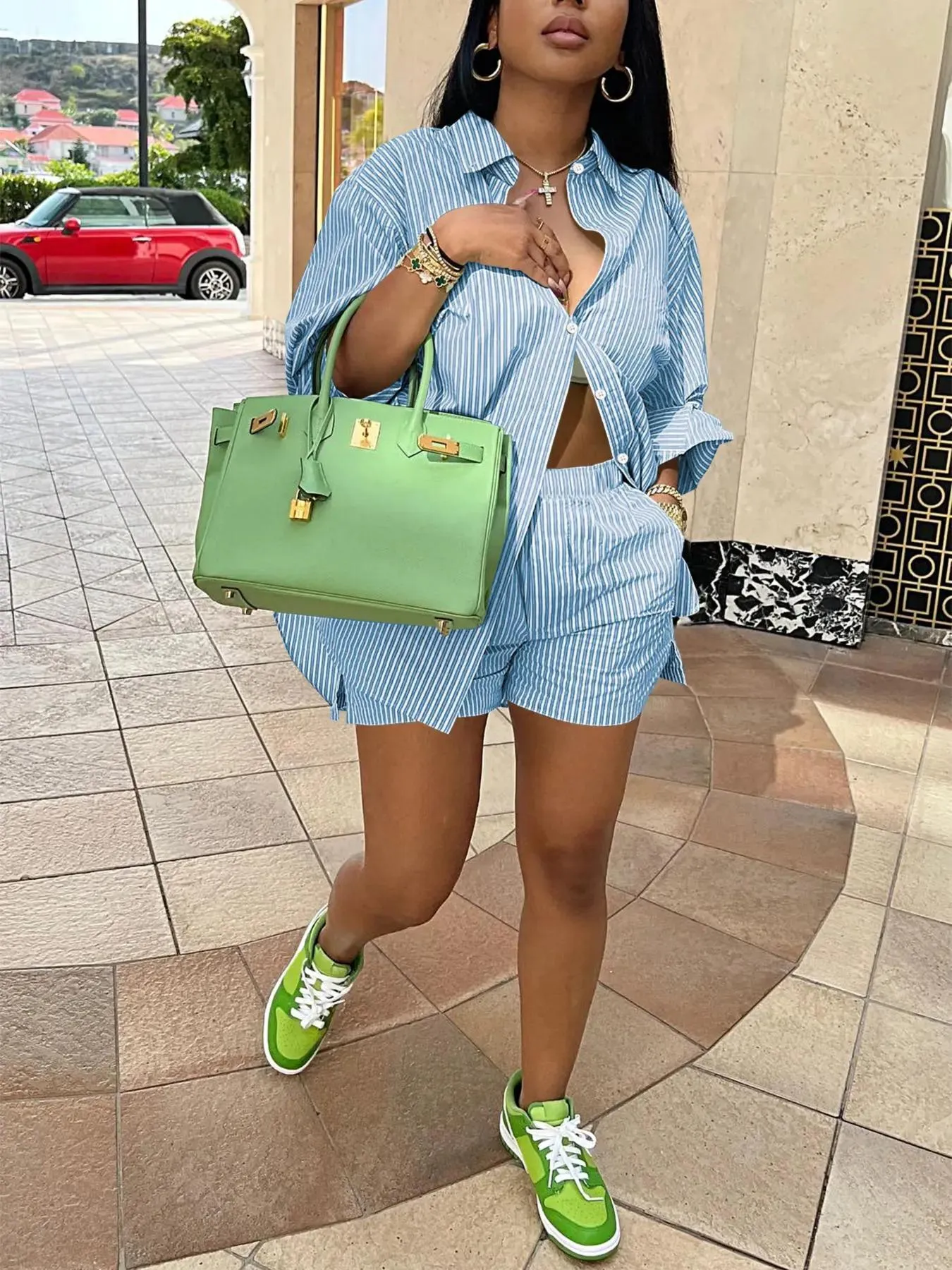 Chic Striped Button-Up Shirt and Elastic Waist Shorts Two-Piece Set