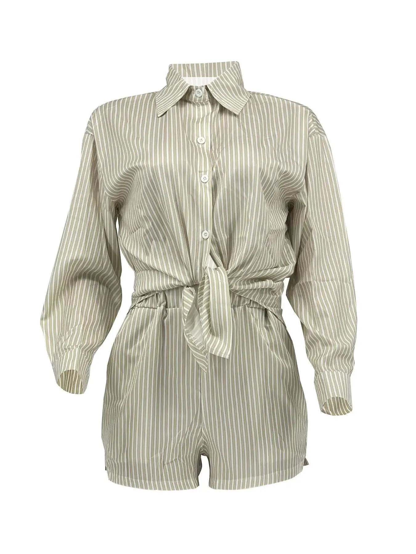 Chic Striped Button-Up Shirt and Elastic Waist Shorts Two-Piece Set
