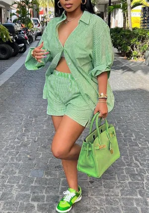 Chic Striped Button-Up Shirt and Elastic Waist Shorts Two-Piece Set