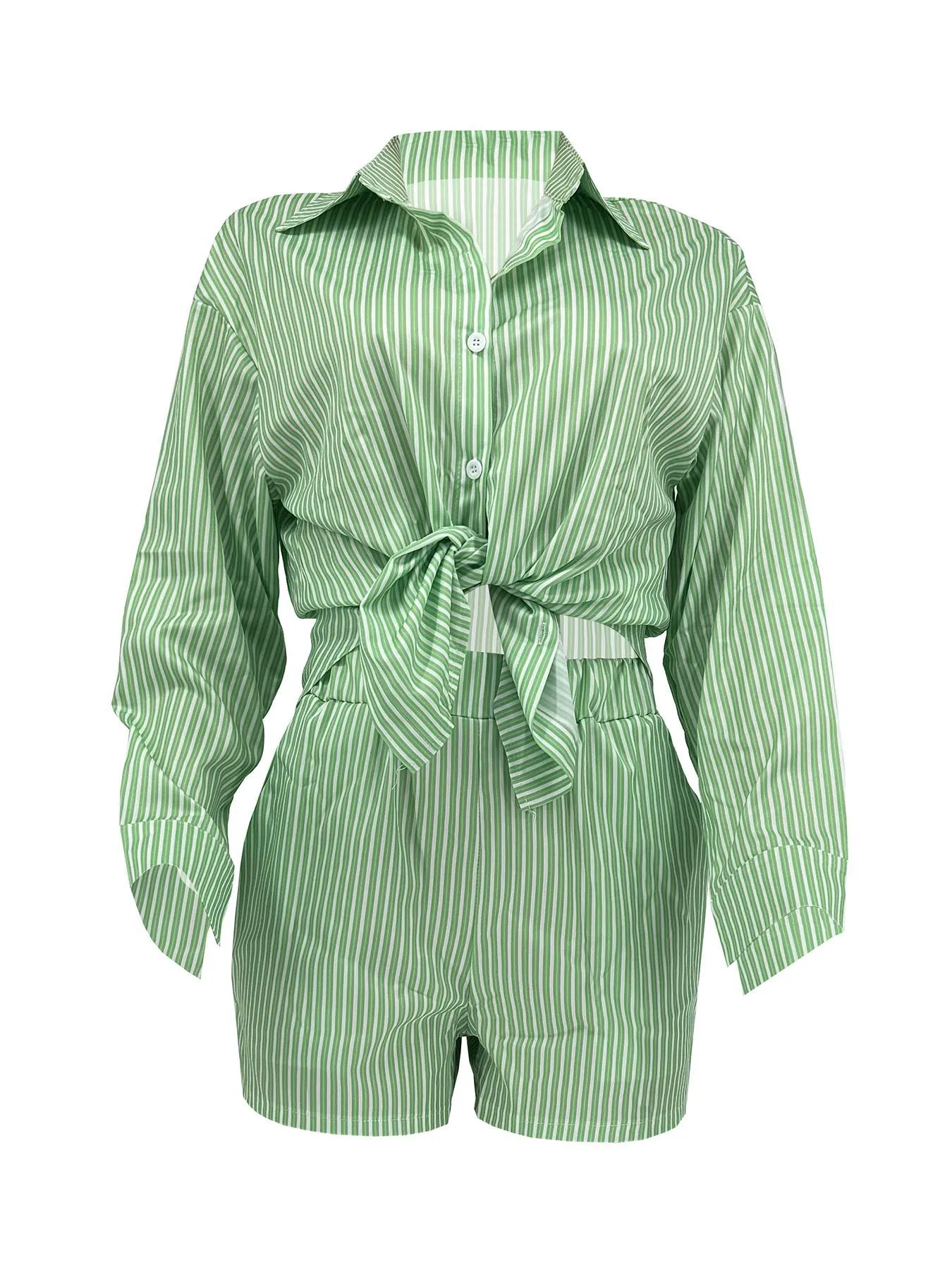 Chic Striped Button-Up Shirt and Elastic Waist Shorts Two-Piece Set