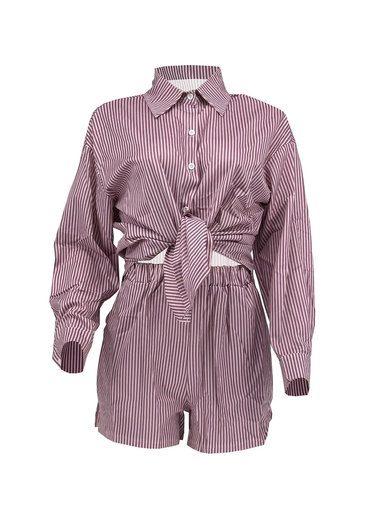 Chic Striped Button-Up Shirt and Elastic Waist Shorts Two-Piece Set