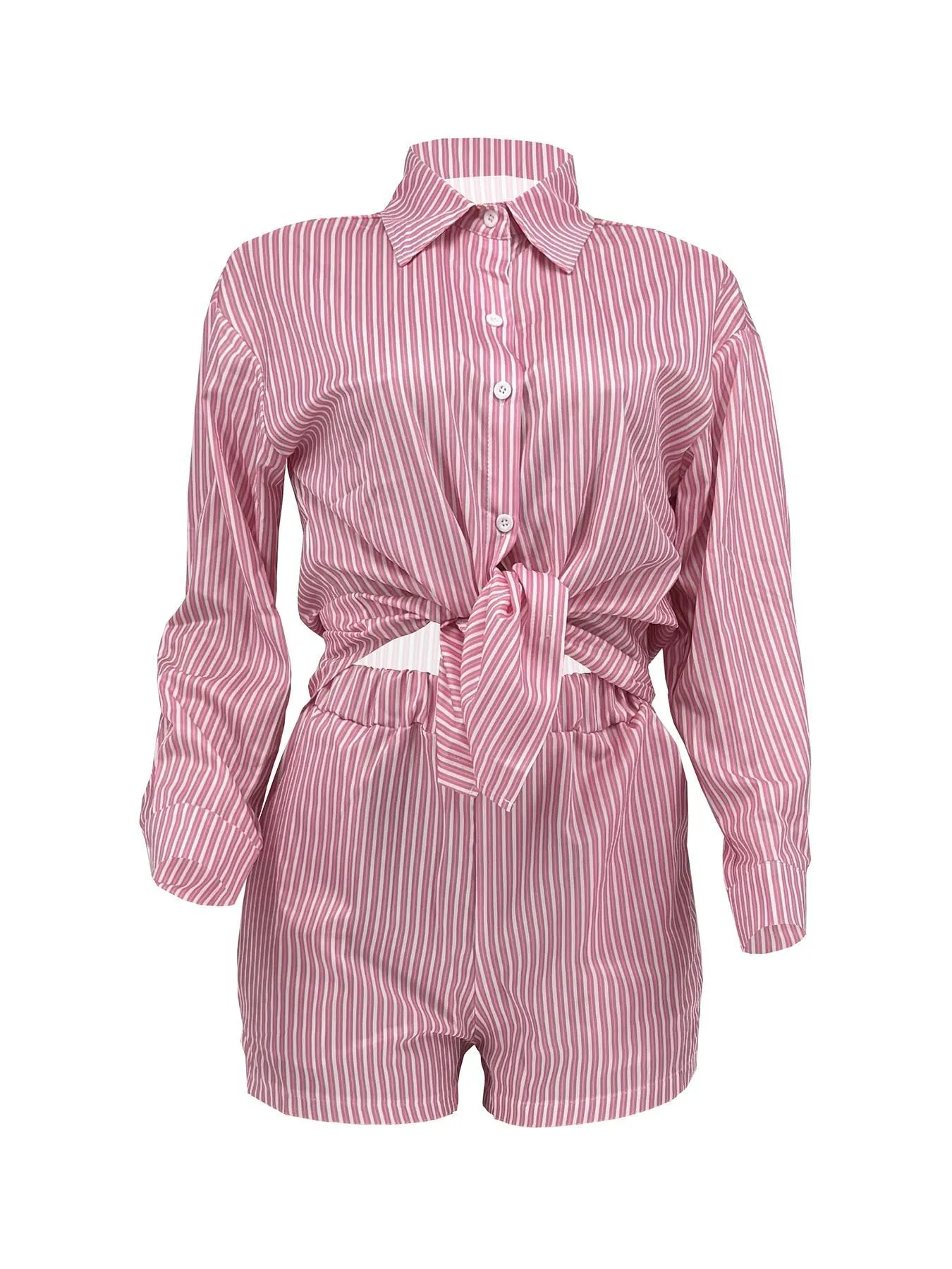 Chic Striped Button-Up Shirt and Elastic Waist Shorts Two-Piece Set