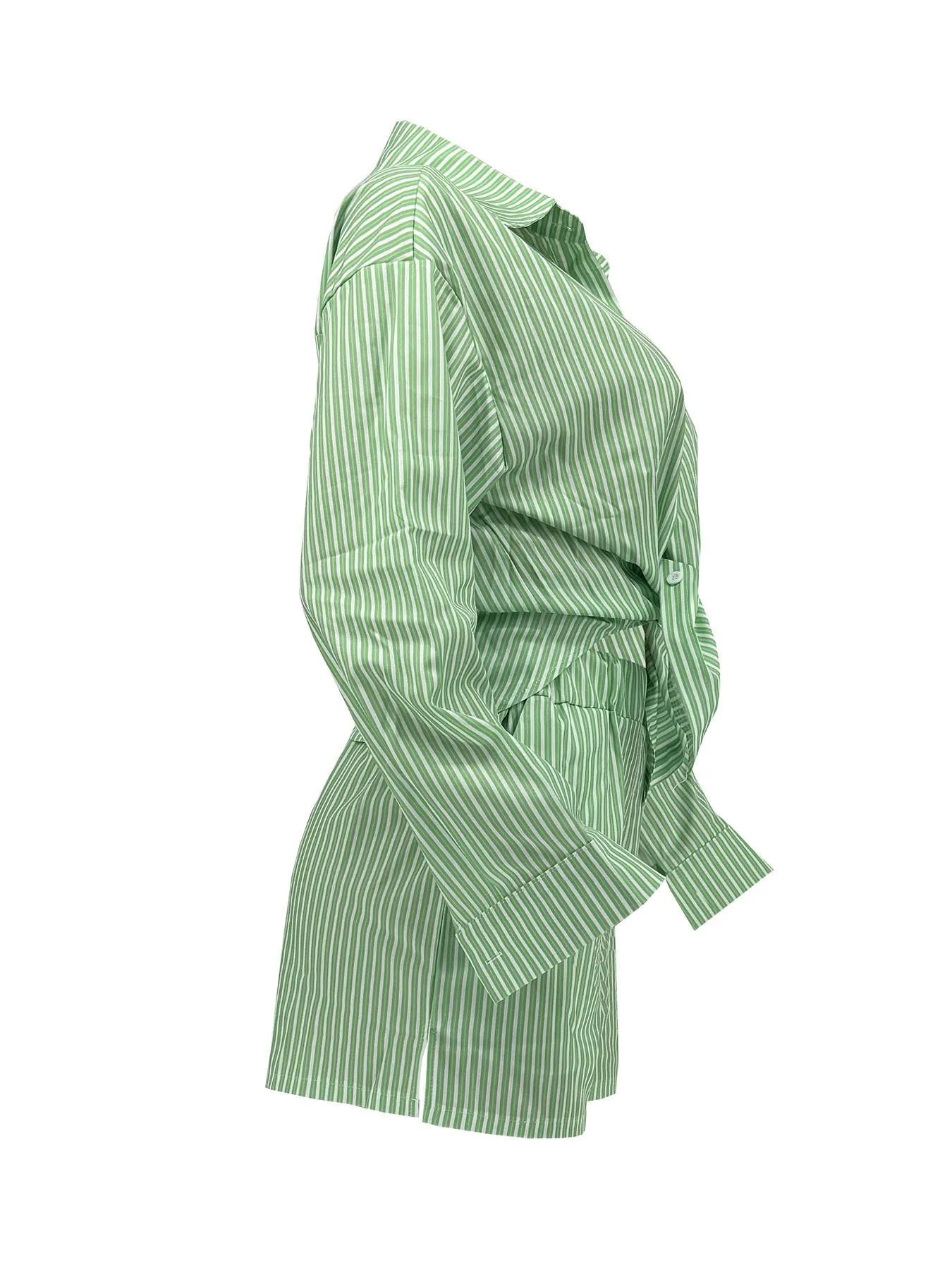 Chic Striped Button-Up Shirt and Elastic Waist Shorts Two-Piece Set