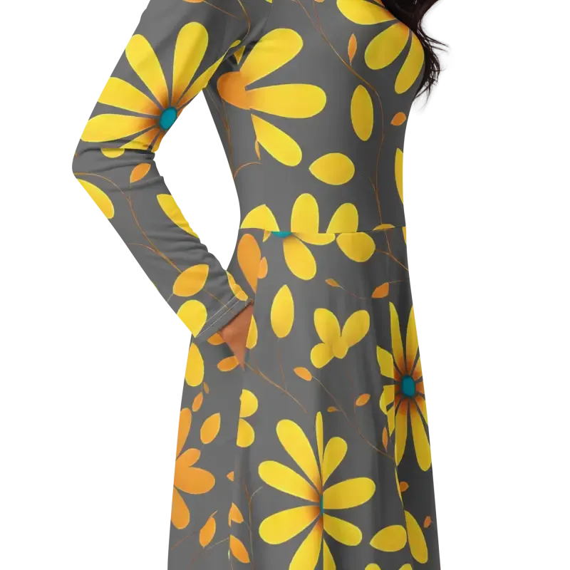 Elegant Long Sleeve Midi Dress with Yellow Flowers