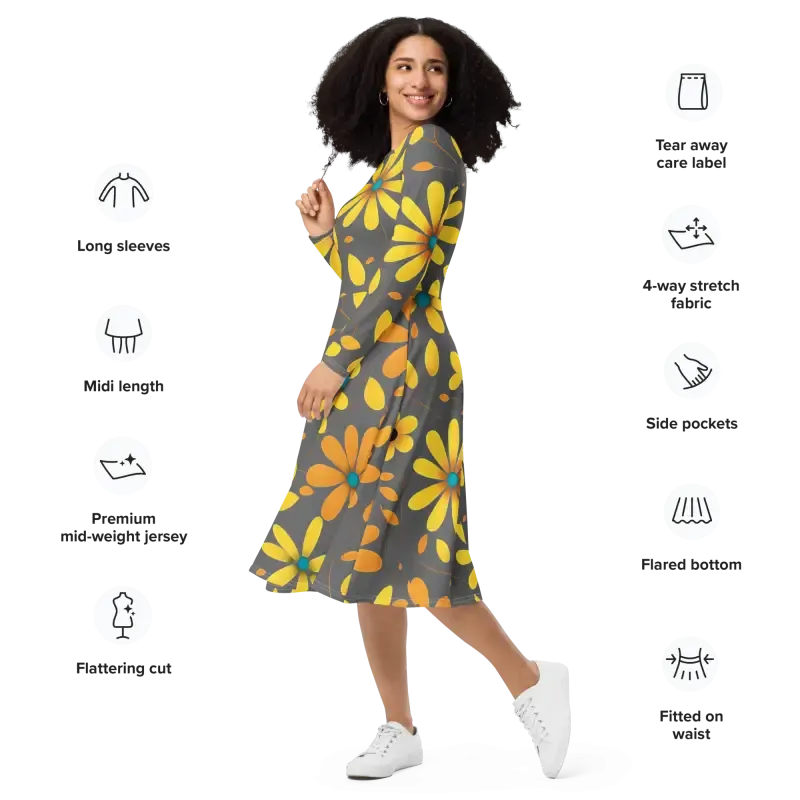Elegant Long Sleeve Midi Dress with Yellow Flowers
