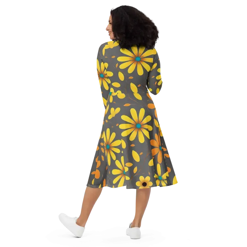 Elegant Long Sleeve Midi Dress with Yellow Flowers