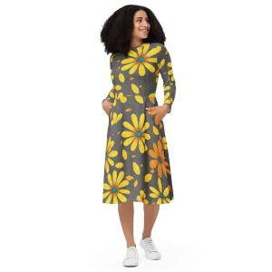 Elegant Long Sleeve Midi Dress with Yellow Flowers
