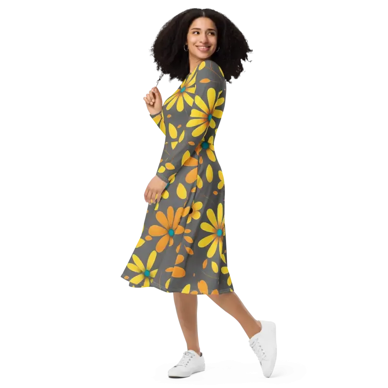 Elegant Long Sleeve Midi Dress with Yellow Flowers