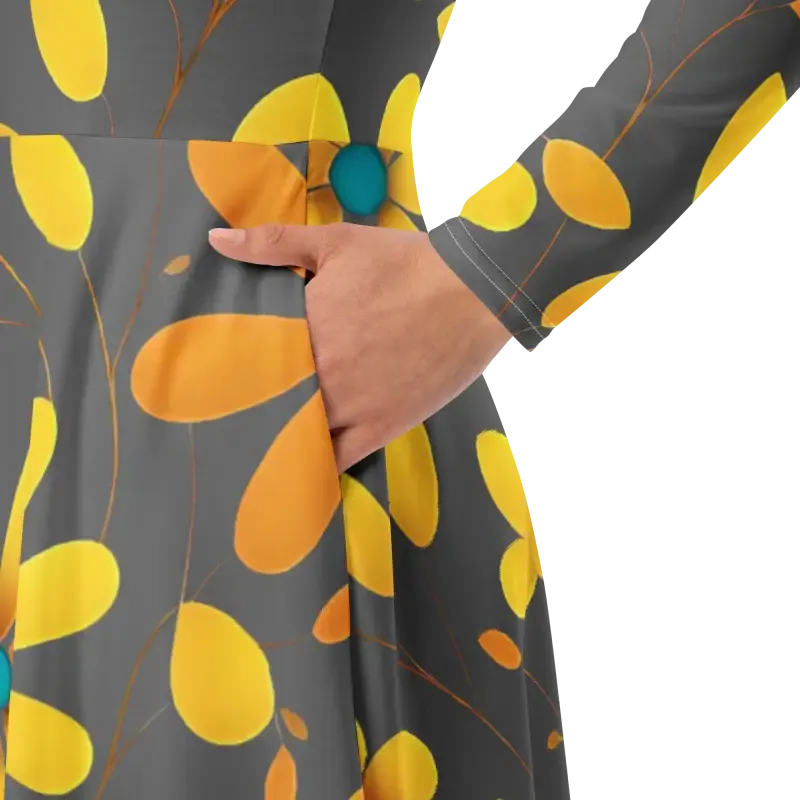 Elegant Long Sleeve Midi Dress with Yellow Flowers