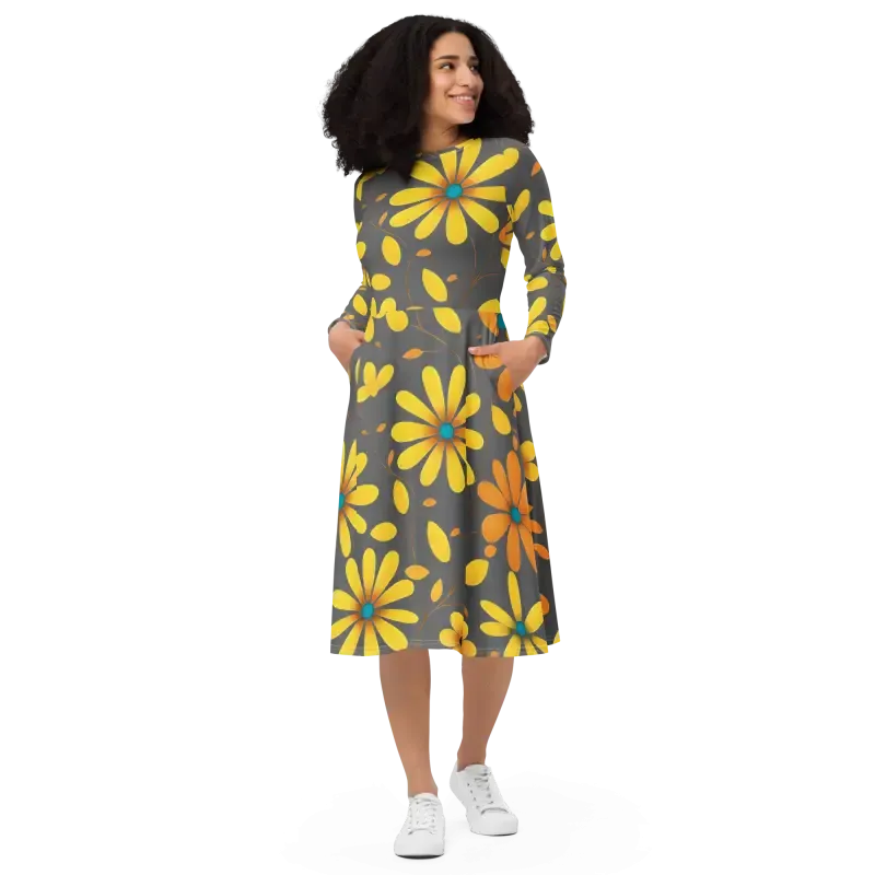 Elegant Long Sleeve Midi Dress with Yellow Flowers