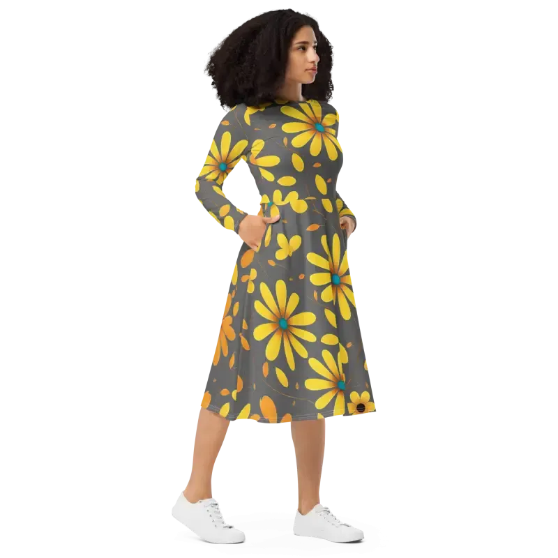 Elegant Long Sleeve Midi Dress with Yellow Flowers