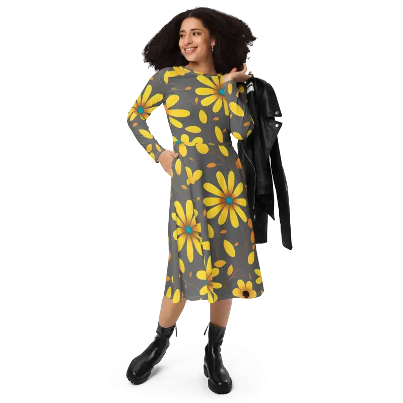 Elegant Long Sleeve Midi Dress with Yellow Flowers