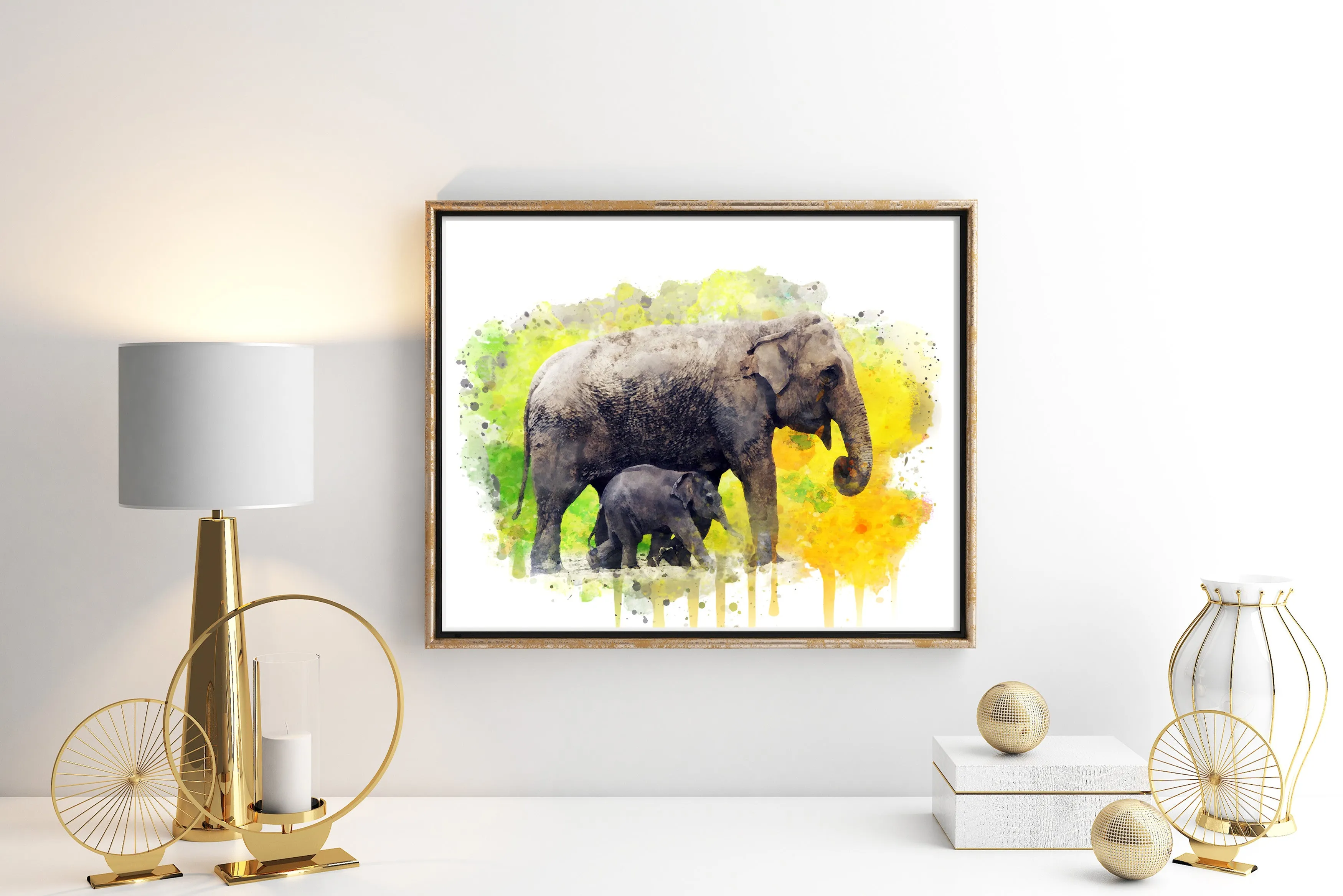 Elephant and Baby Elephant  Art Print - Unframed