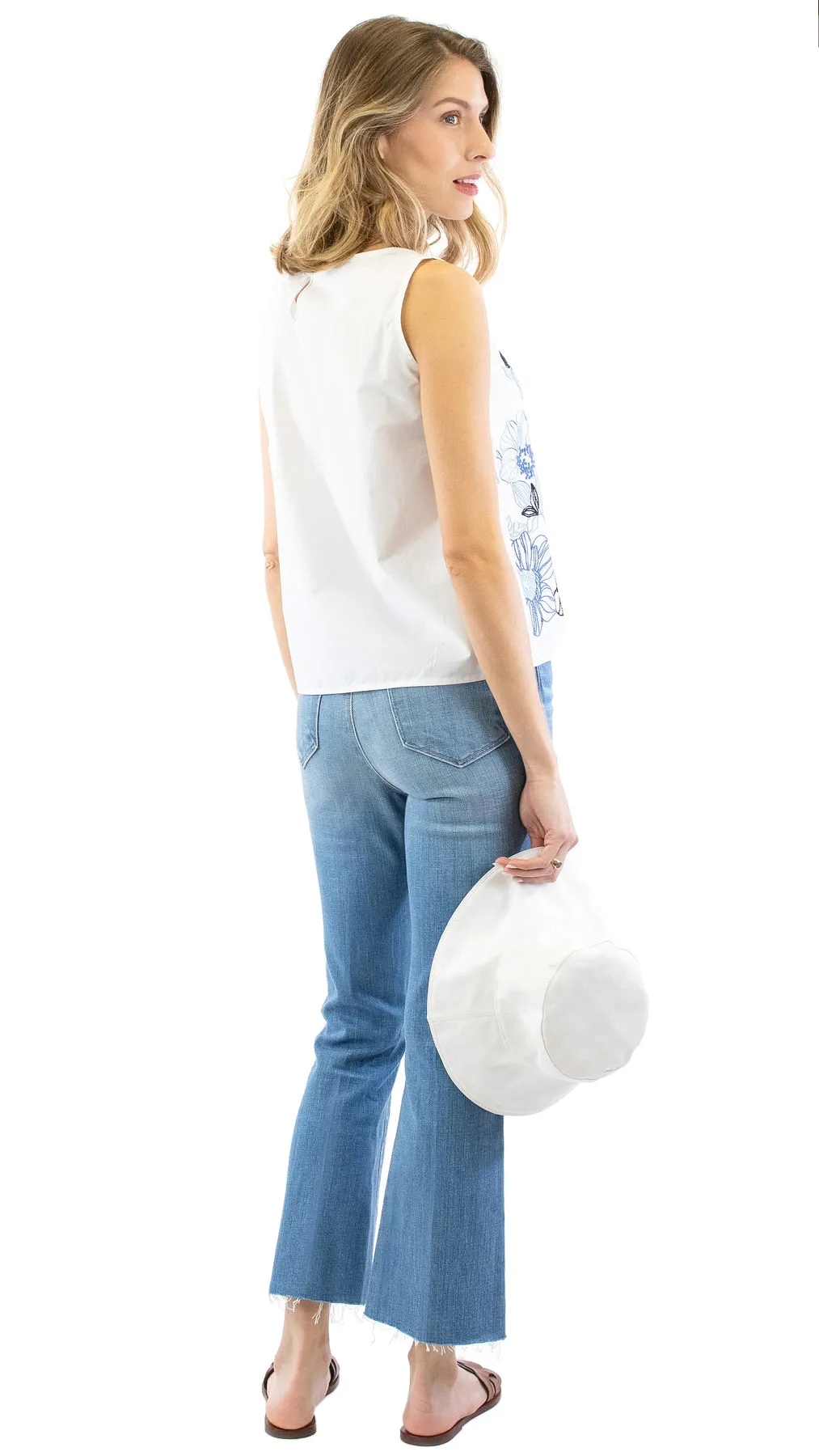 Embroidered Sleeveless Top - White / Blue