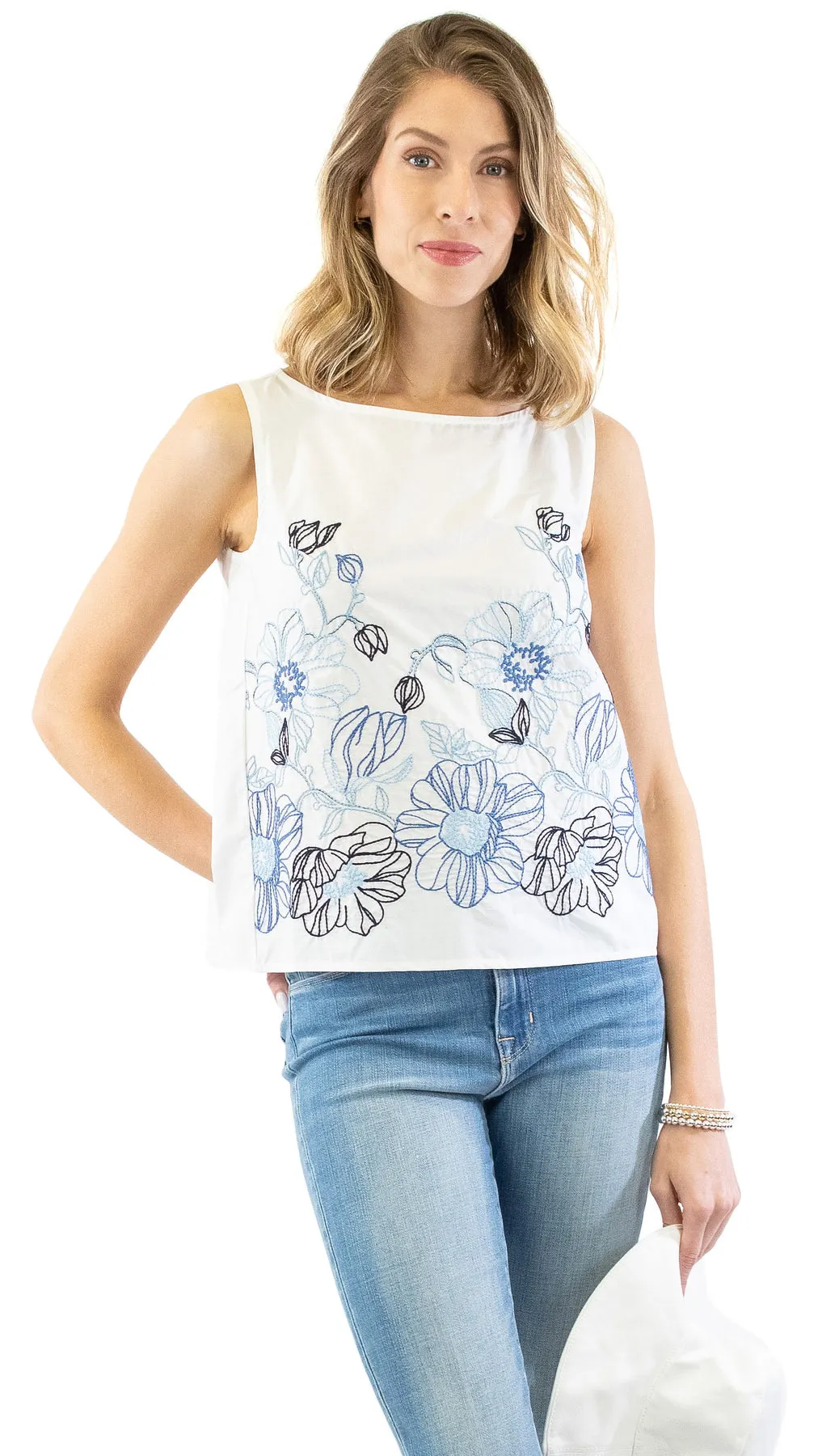 Embroidered Sleeveless Top - White / Blue