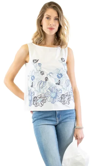 Embroidered Sleeveless Top - White / Blue