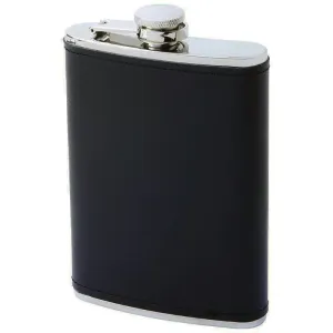 Flask 8 oz Stainless Steel w/ Black Genuine Leather Wrap Screw Cap Liquor Hip Pocket