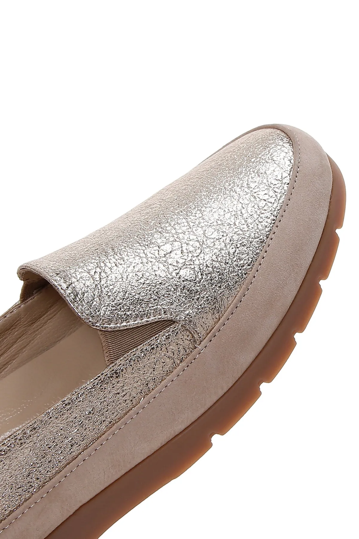 Kadın Bej Simli Deri Comfort Loafer