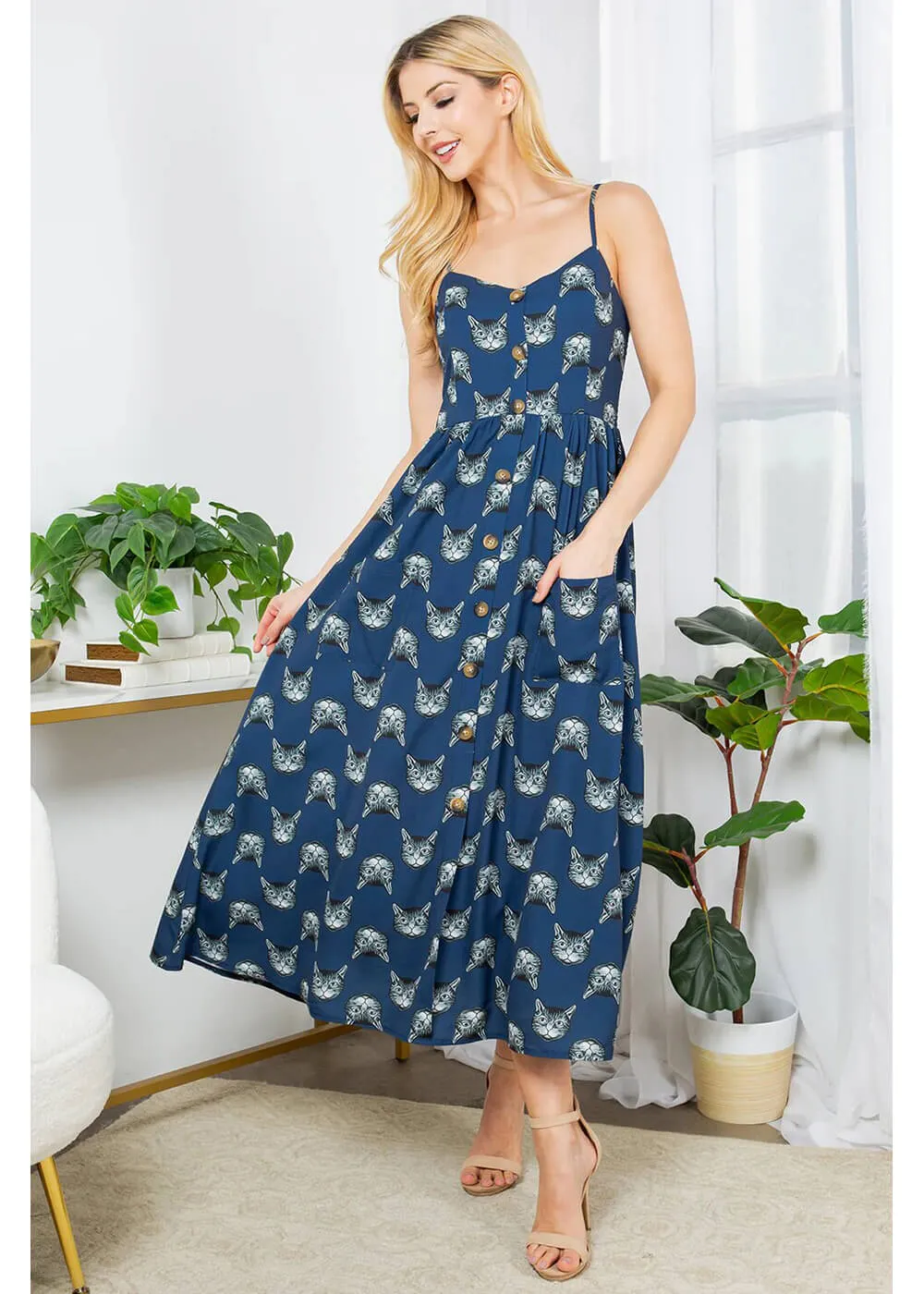 LA Soul Misty Kitty Cat Maxi Dress Navy