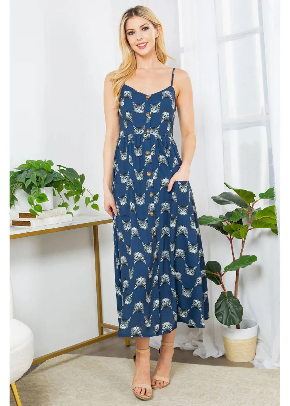 LA Soul Misty Kitty Cat Maxi Dress Navy
