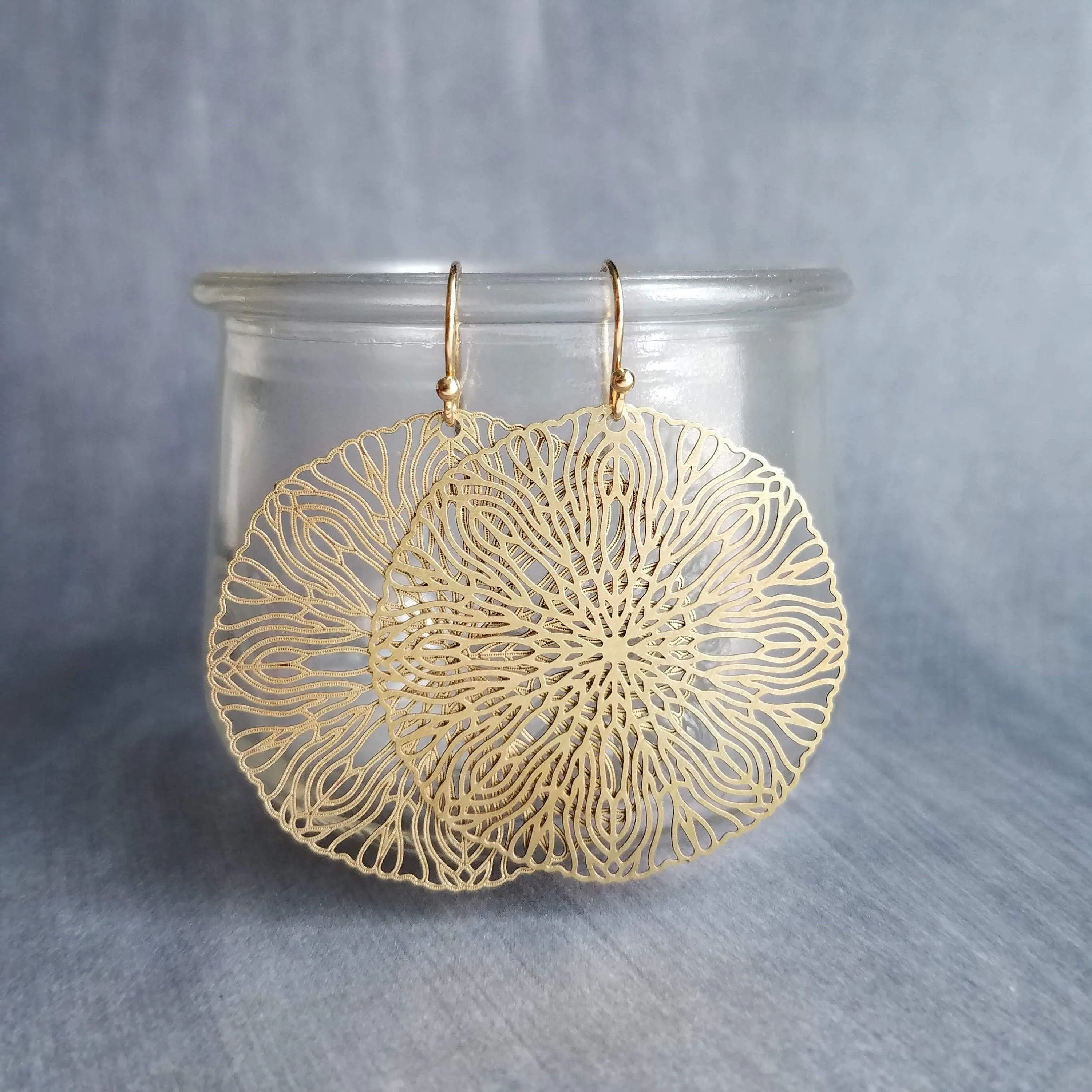 Large Gold Filigree Earrings, round gold earrings, thin earrings, cut out earrings, big earrings, floral earrings, big lightweight medallion