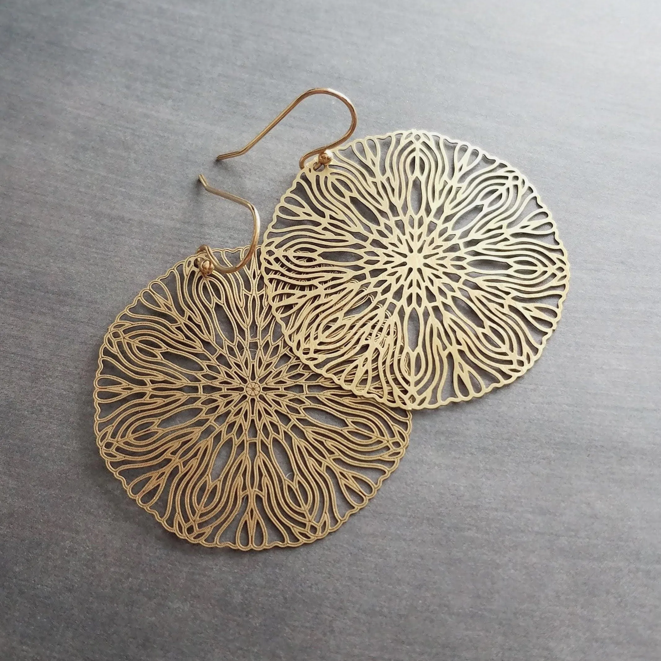 Large Gold Filigree Earrings, round gold earrings, thin earrings, cut out earrings, big earrings, floral earrings, big lightweight medallion
