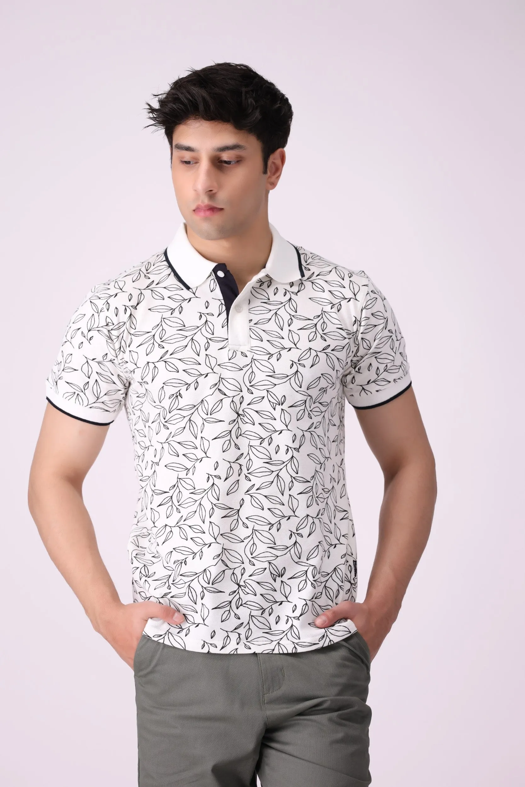 Leaf-Print White Polo Shirt