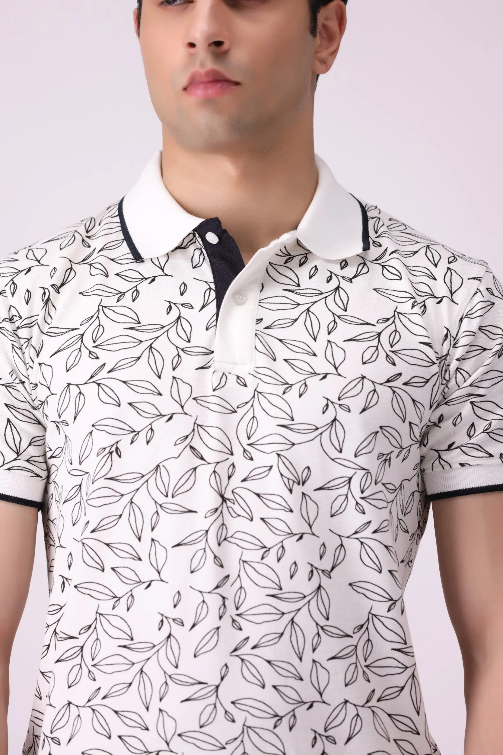 Leaf-Print White Polo Shirt